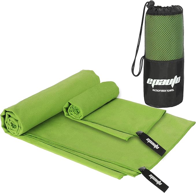 EPAuto 2-Pack Microfiber Quick Dry Towel Set - Lightweight, Super Absorbent & Compact Travel Towels (60"x30" & 24"x15") for Gym, Camping, Beach, Yoga & Backpacking, Green