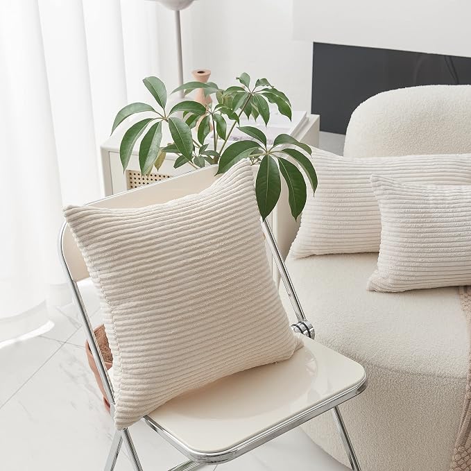 Home Brilliant Striped Velvet Corduroy Euro Throw Pillow Sham Large Cushion Cover for Chair Couch Bench Bed Floor Summer Decor, 24 x 24 inch (60cm), Cream Cheese