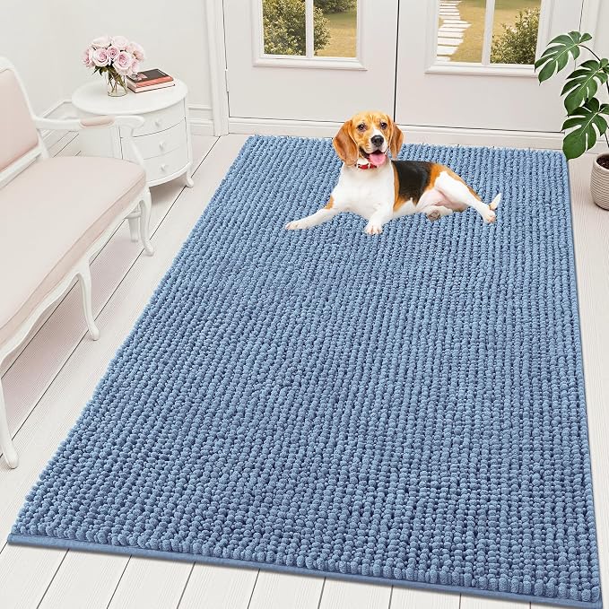 OLANLY Dog Door Mat for Muddy Paws 70x46, Extra Absorbent Chenille Mud Mat | Airy Blue, Absorbs Moisture and Dirt, Non-Slip Machine Washable Doormat, Quick-Drying Indoor Entryway Floor Mat for Dogs