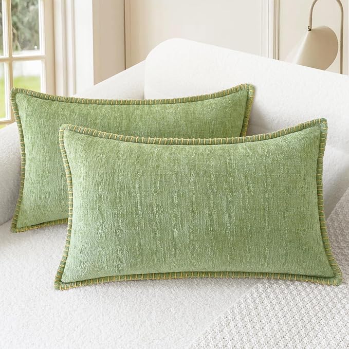 CaliTime Decorative Couch Throw Pillow Covers 20 X 12 Inches Sage Green | Pack of 2, Cozy Chenille Cushion Cases, Cotton Thread Stitching Edges, for Sofa Bed Living Room Farmhouse