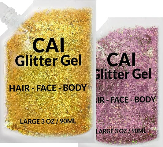 Face, Body & Hair Glitter Gel – Halloween Glitter for Kids and Women – 3 Oz Cosmetic-Grade Gel w/Moon & Stars for Festivals & Halloween Party, Easy Apply & Wash Off - Rose/Gold 2Pack
