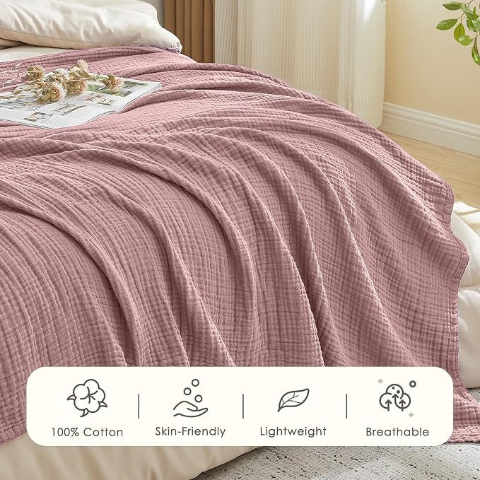 EMME Muslin Blankets for Adults Throw Blanket for Couch Breathable Gauze Soft Lightweight Airy Dusty Pink Throw XL 50" x 71"