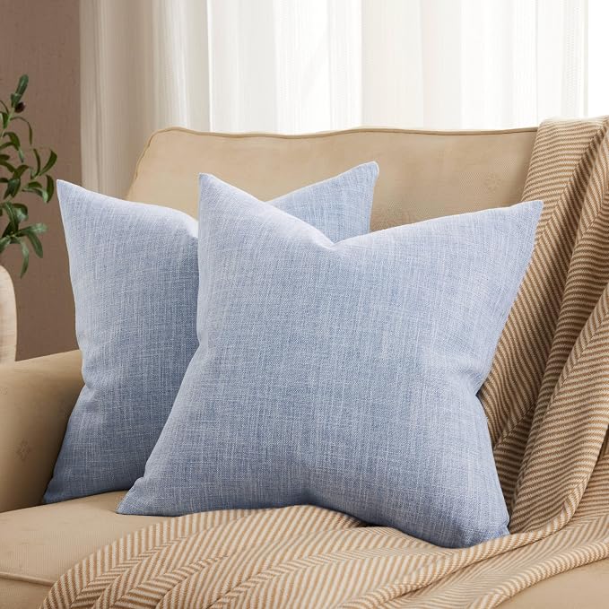 Rustic Linen Throw Pillow Covers Set of 2, Blue 22x22in | Textured Pillow Case, Rustic Cotton Linen Fabric, Modern Farmhouse Cushion Covers for Sofa Bed Living Room Home Decor