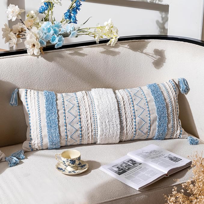 14x36 Lumbar Pillow Cover for Bed, Rectangular Long Decorative Throw Pillowcase, Boho Accent Cushion with Blue Tufted Pattern and Tassels, Cream Neutral (Cover Only)