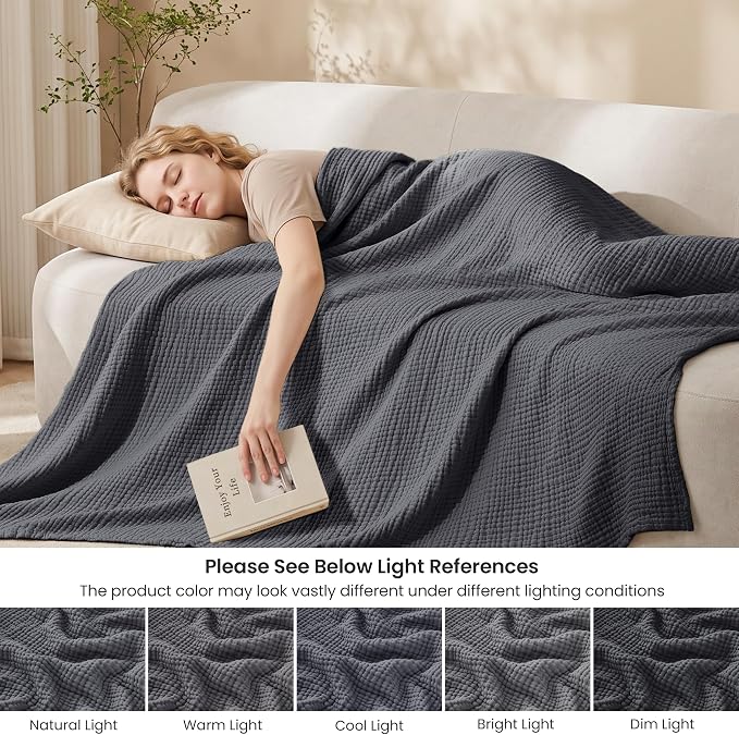 Love's cabin 100% Cotton Muslin Blanket, 6 Layer Lightweight Breathable Gauze Large Throw Blanket 50 x 70 Inches, Soft Cooling All Season Blanket for Couch or Sofa, Dark Grey