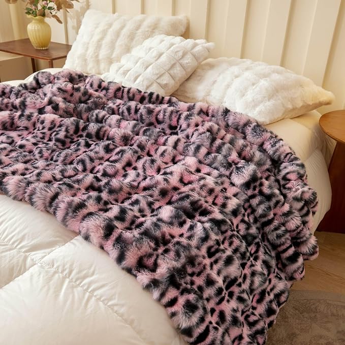 LIFEREVO Leopard Print Fluffy Faux Rabbit Fur Throw Blanket 60x80, Pink | Cheetah Print Soft Plush Bubble Throw for Bed Couch Sofa Office, Washable Skin-Friendly Cozy Furry Blanket for Home Decor