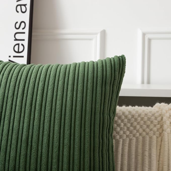 UGASA Velvet 16x16 Inch Soft Throw Pillow Covers Decorative Corduroy Striped Both Sides Solid Square Cushion Cases Boho Farmhouse for Couch Bedroom Sofa Home, Pack of 2, Moss Green