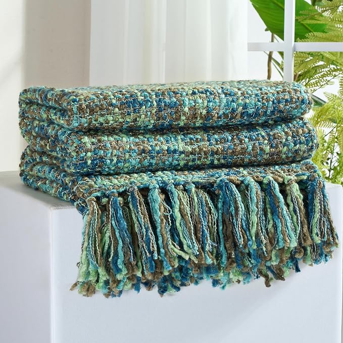 Multi-Color Cable Woven Throw Blanket for Couch - 50"X60" | Multicolored Boho Style,Super Soft Warm Cozy Chunky Blankets with Decorative Tassels for Bed and Sofa,Green