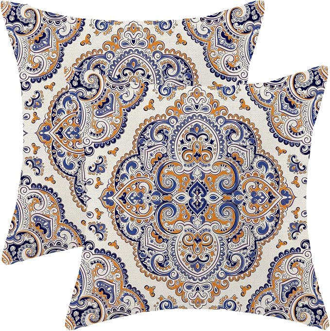 Navy Blue Boho Pillow Covers 18x18 Inch Set of 2,Burnt Orange Carpet Pattern Throw Pillows Case,Ethnic Design Retro Outdoor Decorative Square Linen Farmhouse Decor Cushion Covers for Sofa Couch