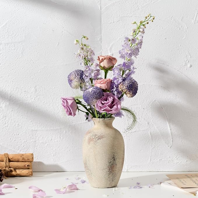 PORCER Ceramic Rustic Flower Vase, 8.27 Inch Vintage Pottery Home Decor, Antique Farmhouse Terracotta Vase for Living Room, Table, Shelf, Mantel Decoration, Farmhouse - Natural Brown