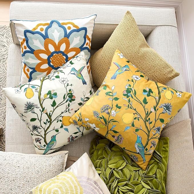 MUSSEL Yellow Velvet Floral Decorative 12x20 Lumbar Pillow Covers Set of 2 | Durable and Sturdy,Botanical Printed Pattern,Throw Pillows Case,Rectangle,Colorful Farmhouse ,Home Sofa Bed Couch Decor