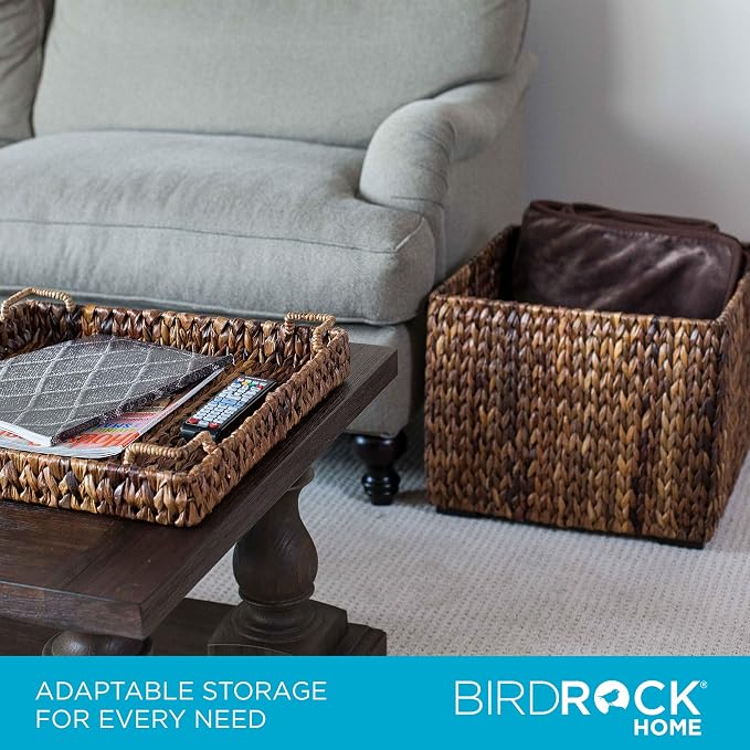 BIRDROCK HOME Woven Storage Cube - Abaca Seagrass Decorative Ottoman - Living Room Side Table - Store Blankets Pillows Magazines Books Remotes | Woven Basket with Lid, Removable Lid Doubles as Serving Tray, Footstool Ottoman with Storage for Living Roo...