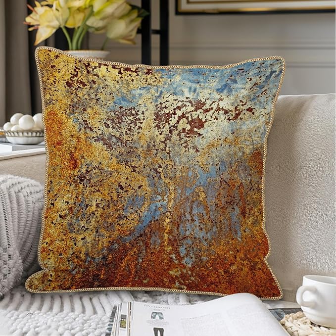 KSLIDS Brown Rust Soft Velvet Throw Pillow Covers Set of 2 Gold Orange Teal Rustic Decorative Pillow Covers 20x20 Inch Rusty Copper Metallic Bronze Pillow Case for Sofa Couch Living Room Home Decor