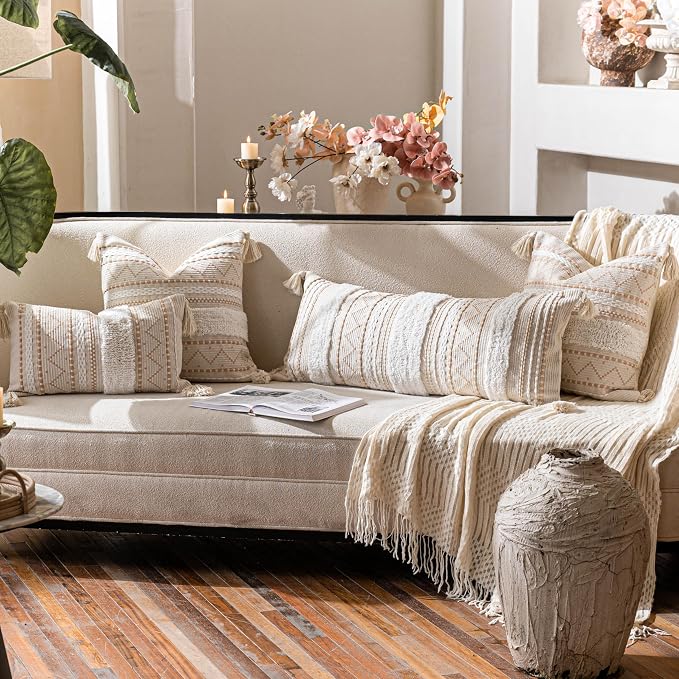 14x36 Lumbar Pillow Cover for Bed, Rectangular Long Decorative Throw Pillowcase, Boho Accent Cushion with Tufted Pattern and Tassels, Cream Beige Neutral (Cover Only)