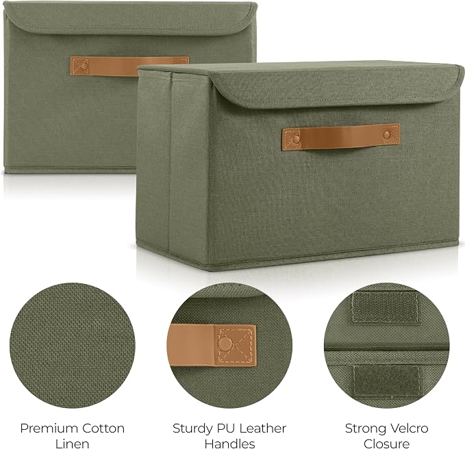 Decorative Linen Storage Boxes with Lids - Large Set of 2 Organizer Bins | The Perfect Container for Home Decor - Safely Store Photos, Documents and Memory Box Keepsakes in Style