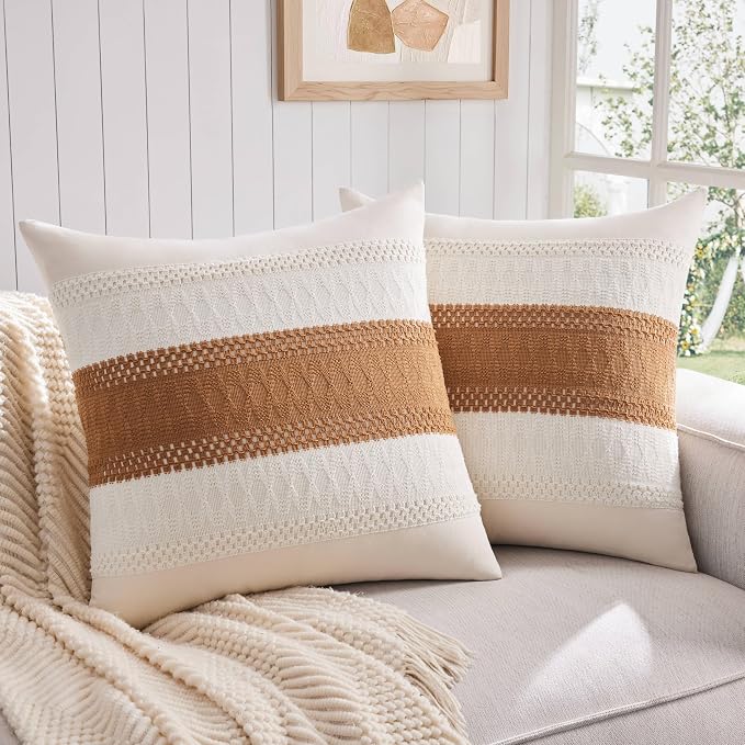 2 Pack Boho Throw Pillow Covers, Contrast Caramel 22x22in | Soft Breathable Cotton, Farmhouse Decorative Couch Pillow Cases, Cushion Covers for Sofa Bed Living Room Home Decor