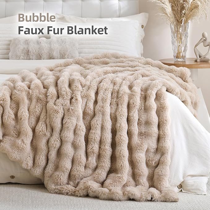 Faux Rabbit Fur Throw for Couch - Linen Bubble Blanket 60"x80" | Fluffy Plush Fuzzy Throw for Sofa & Bed, Super Soft Cozy Comfrt Blanket, Luxury Aesthetic Linen Decor Gift for Women