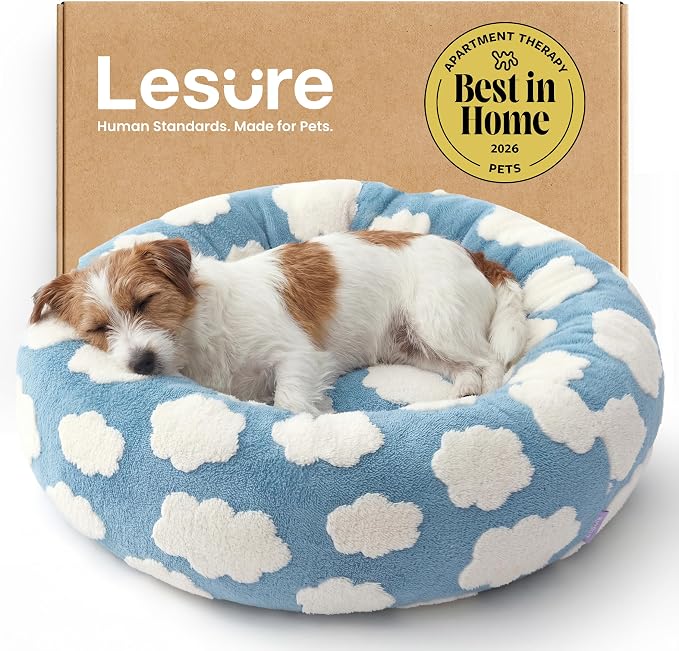 LE SURE Shown on TV Jacquard Donut Cute Small Dog Beds,Blue 27x27x8in | Orthopedic Calming Cat Sofa Indoor,Original Design Pattern,Washable Cover,Home Decor as Gift for Pet,Anti Slip Bottom