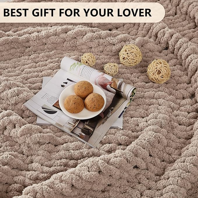L'AGRATY Chunky Knit Throw Blanket for Couch, 50 x 60 Inches, Light Taupe | Handmade Chenille Crochet Blanket for Sofa Bed, Thick Cable Knitted Blankets for Room Home Decor, Birthday Gift for Women Mom