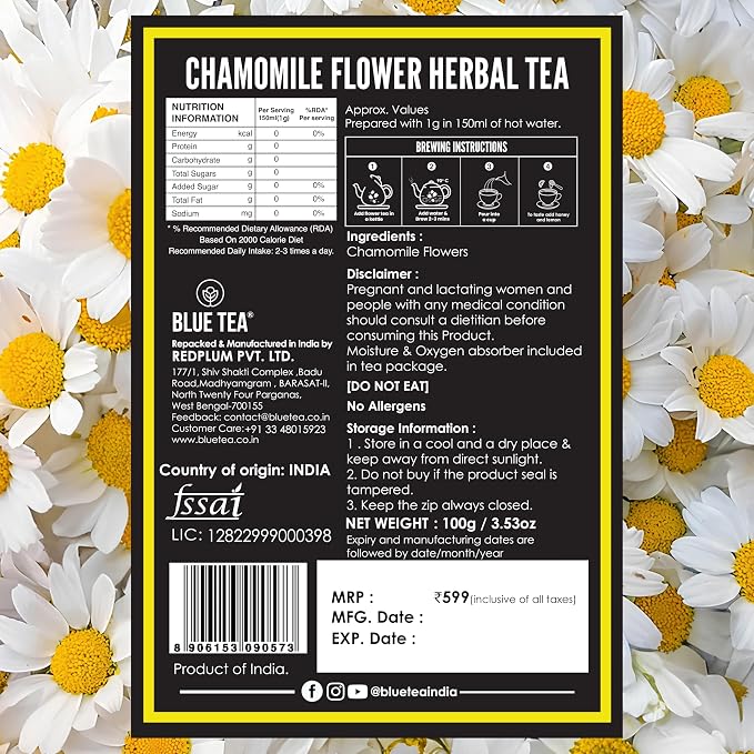 BLUE TEA - Chamomile Tea - 3.52 Oz (100+ Cups) Loose | Get a good Sleep - Relaxation - Stress Relief | Herbal Tea - Caffeine Free - Flower Based - Non-Bitter - Night Time Tea | Reusable Pet Jar
