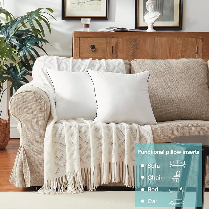 18x18 Down Alternative Pillow Insert 2 Pack, 100% Cotton Cover | 100% Premium Polyester Fill, Fluffy & Soft with Comfy Support - White Decorative Cushion Inserts for Couch, Sofa & Bed
