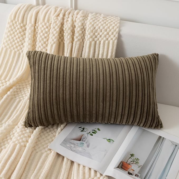 UGASA Velvet 12x20 Inch Lumbar Soft Throw Pillow Cover Boho Farmhouse Decorative Corduroy Striped Both Sides Solid Rectangular Cushion Case for Couch Bedroom Sofa Home, 1 Piece, Olive Green