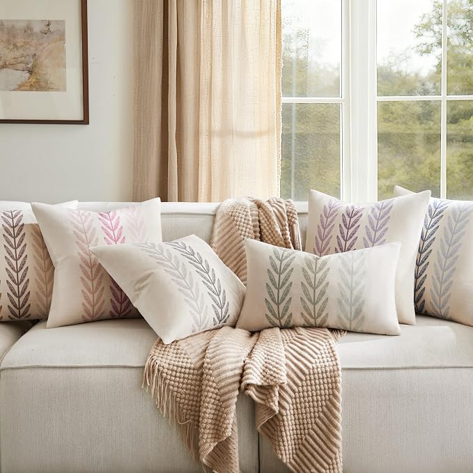 Farmhouse Leaves Throw Pillow Covers Set of 2, 18x18in Mixed Purple | 100% Organic Cotton, Rustic Accent Print Pillow Case, Pastoral Decorative Cushion Covers for Sofa Bed Living Room Home Decor