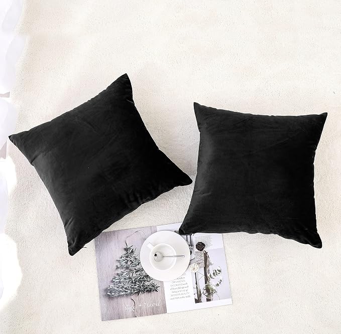 NiNi ALL Black Velvet Throw Pillow Covers 24x24 Pack of 2 Decorative Couch | Soft Solid Boho Cushion Squar Pillow Cases for Chair Sofa Bedroom Farmhouse Living room Modern Luxury Home Decor Halloween
