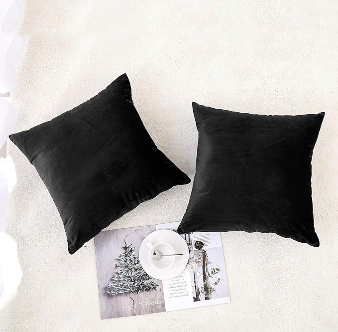 NiNi ALL Black Velvet Throw Pillow Covers 18x18 Pack of 2 Decorative Couch | Soft Solid Boho Cushion Squar Pillow Cases for Chair Sofa Bedroom Farmhouse Living room Modern Luxury Home Decor Halloween