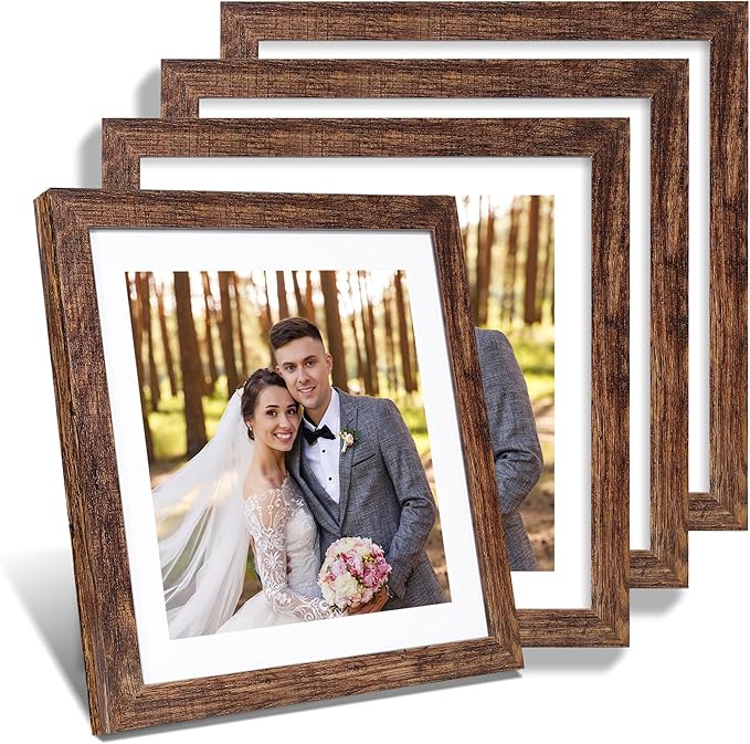 Hongkee 12x12 Picture Frame Set of 4 - Made of Glass and Rustic Brown Wooden Frame, Display Square Pictures 10x10 with Mat or 12 x 12 without Mat, Desktop & Wall Collage Photo Frame