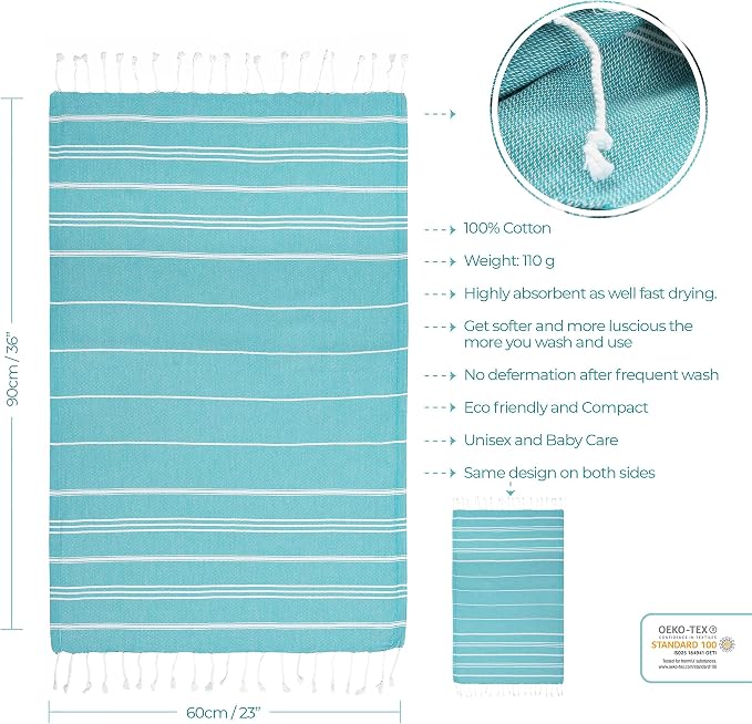 Cacala 100% Turkish Cotton Kitchen Tea Towels, Highly Absorbent Luxury Soft Quick Drying Dish Towel with Hanging Loop for Gym, Yoga, Bath, Sports, Cleaning and Kitchen (23 x 36), Aqua