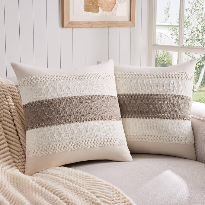 2 Pack Boho Throw Pillow Covers, Contrast Cocoa Brown 20x20in | Soft Breathable Cotton, Farmhouse Decorative Couch Pillow Cases, Cushion Covers for Sofa Bed Living Room Home Decor