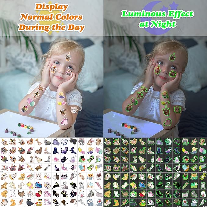96 PCS Cat Cats Pet Pre-Cut Luminous Glow in the dark Temporary Tattoos for Kids | Super Cute Themed Birthday Party Favors, Supplies, Decorations, Animal Paw Fake Tattoo Stickers Gifts for Boys Girls