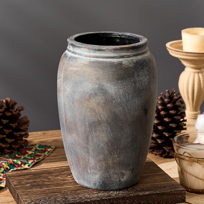 PORCER 8.2 Inch Ceramic Terracotta Rustic Vase Home Decor Farmhouse Decorative Vase for Living Room Entryway Floor Holiday Wedding-Black Bronze