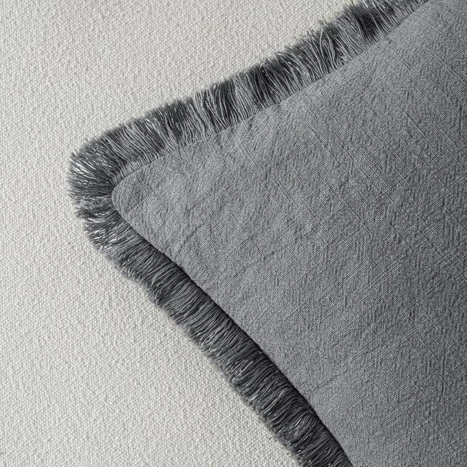MIULEE Boho Linen Fringe Decorative Throw Pillow Covers Grey 18x18 | Set of 2, Cottagecore Decor, Boho Farmhouse Neutral Pillow Covers, Rustic Couch Cushion Cases for Sofa Bed Living Room