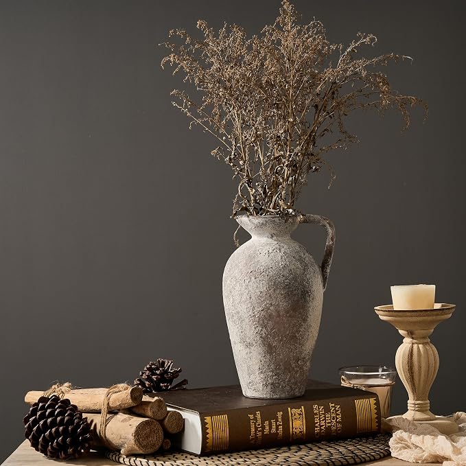 PORCER 9.3 Inch Antique Ceramic Vase, Terracotta Vase with Handle, Tuscan Decor Farmhouse Decorative Vase, Rustic Vase for Home Decor, Living Room, Entryway, Wedding - Distressed Design, Gray