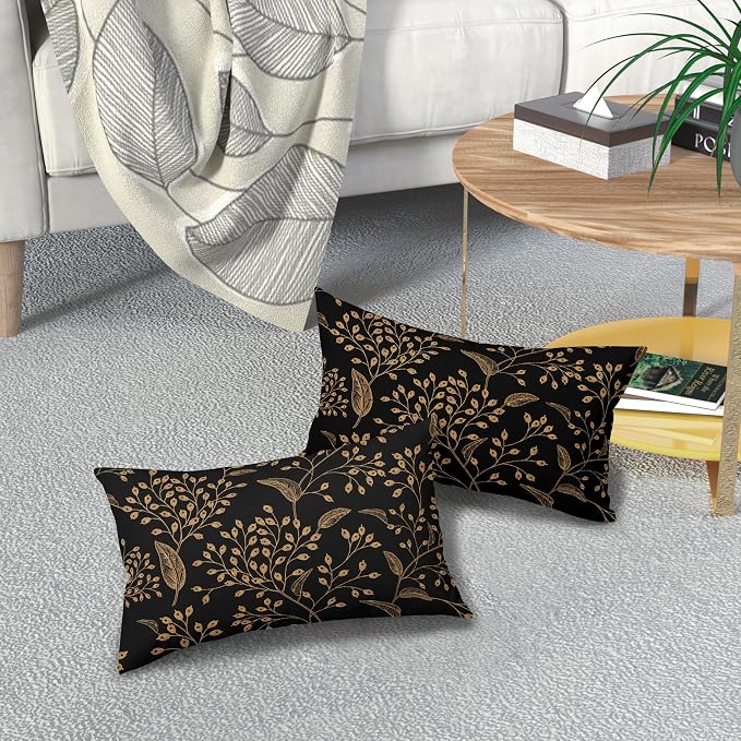 Boho Lumbar Pillow Covers 12X20 Inch Set of 2 Black Gold Floral Leaves Decorative Pillow Cases Vintage Flower Leaf Cotton Linen Cushion Case Farmhouse Home Decor for Sofa Couch Porch Outdoor