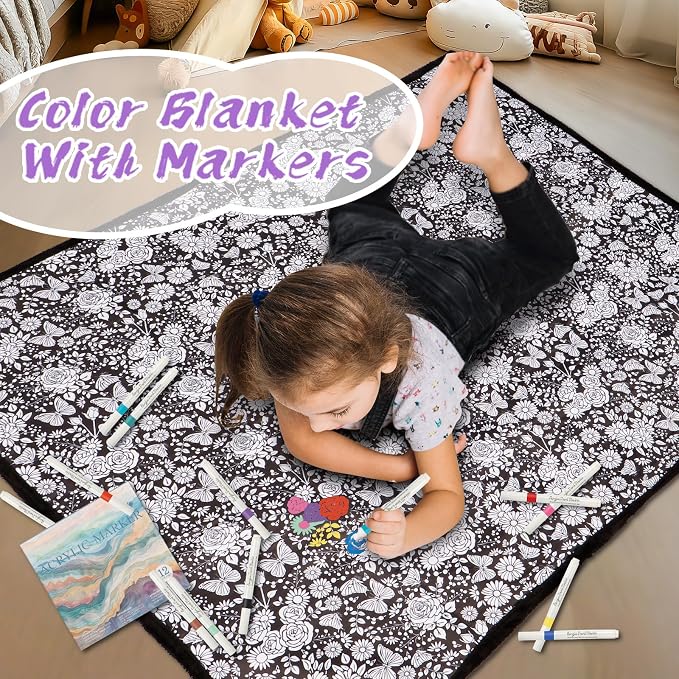 ZHOYIMIMI DIY Cozy Coloring Blankets for Kids & Adults -24 Markers | 50" x 60", Machine Washable, Cozy Velvet, Printed Patterns, ideal for daily use, home decor and kids spaces, Gift Wrapped