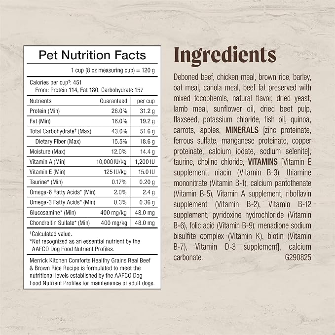 Merrick Kitchen Comforts Premium Adult Dry Dog Food with Ancient Grains, Real Deboned Beef and Brown Rice Dog Food Recipe - 33.0 lb. Bag