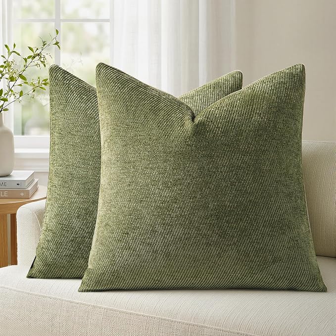 a moment Pack of 2 Decorative Chenille Throw Pillow Covers with Twill Cushion Covers for Sofa Living Room Couch Bed 24x24 Inch Moss Green