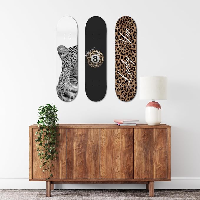 TwoDays Stockholm Cheetah Skateboard Wall Decor - Leopard Print Modern Style Wall Mount Art Set for Men's Apartment & Dorm, Cool Skate Deck, Trendy Skater Room Design (Set of 3)