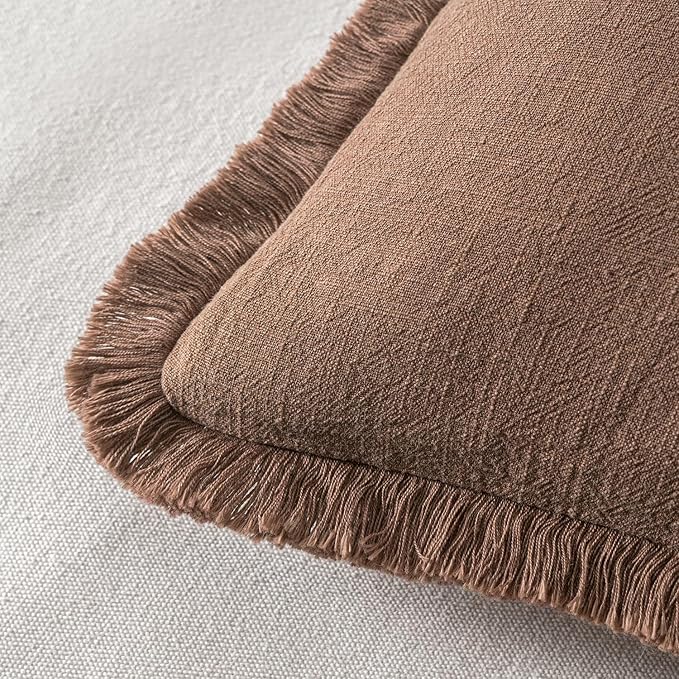 MIULEE Linen Fringe Decorative Fall Euro Pillow Covers Dark Coffee 22x22 | Set of 2, Cottagecore Decor, Boho Farmhouse Neutral Throw Pillow Covers, Rustic Fall Couch Cushions for Sofa Bed Living Room