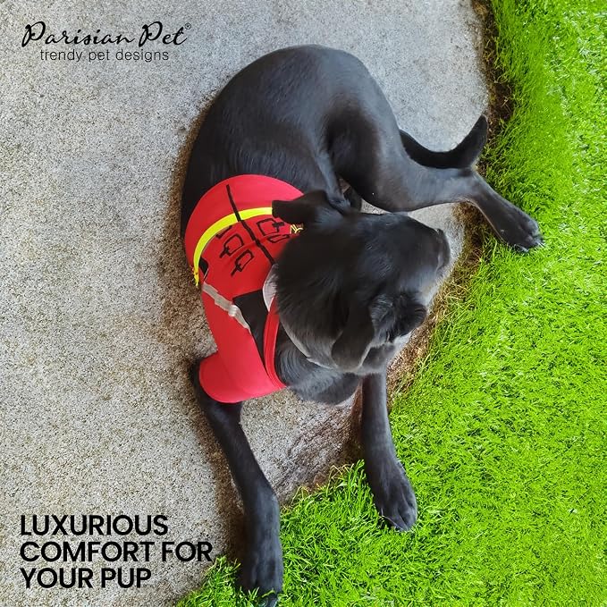 Parisian Pet Dog Costume - 100% Cotton Firefighter Dog Clothes for Large Dogs - Lightweight Puppy Outfits - Funny French Bulldog Clothes - Sleeved Red Shirt for Dogs - Stretchy Pet Costume