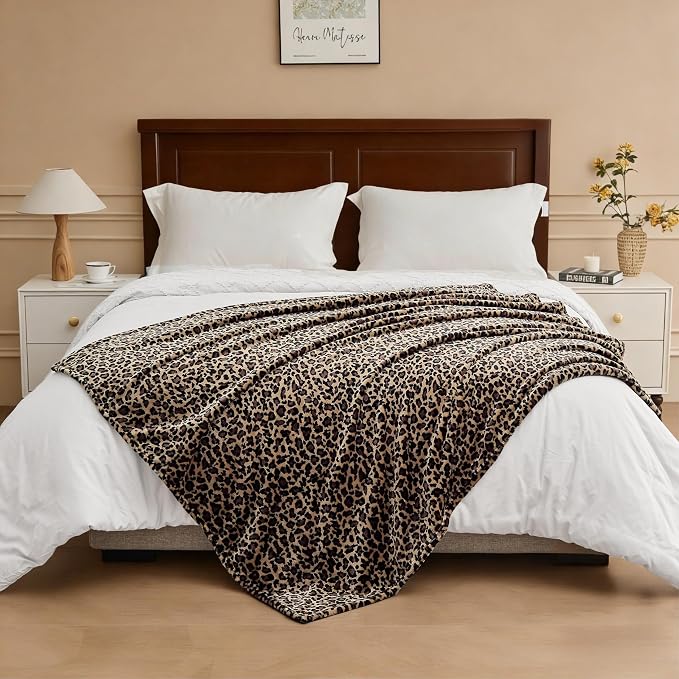 Edenleaf Leopard Print Blanket Fleece Throw for Bed Sofa Travel and Camping, Super Soft Cozy Fluffy Plush Cheetah Print Blanket for All Seasons 50"x60" (Mocha Brown)