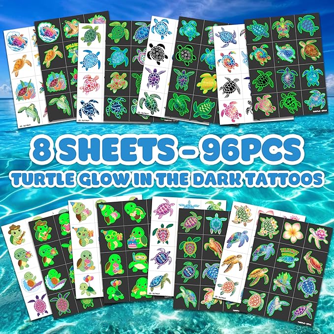 96 PCS Turtle Pre-Cut Luminous Glow in the dark Temporary Tattoos for Kids | Super Cute First Themed Birthday Party Favors Supplies Decorations, Fake Ocean Animal Tattoo Stickers Gifts for Boys Girls