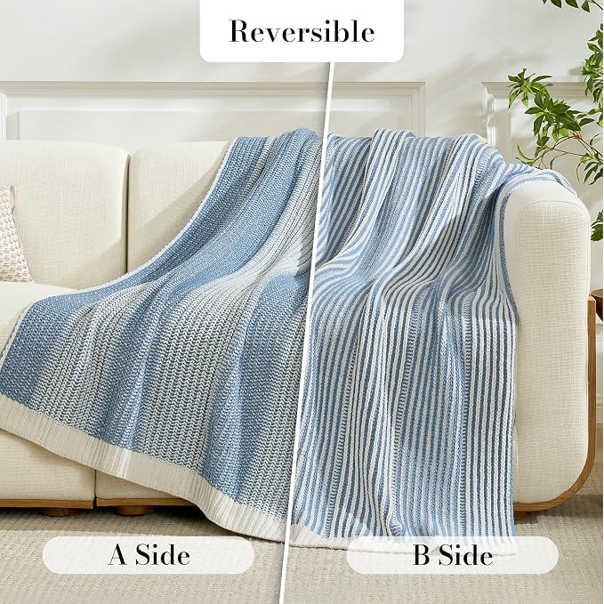 Premium Chenille Throw Blanket, Soft Cozy Luxury Two-Tone Knit Blanket for Couch, Sofa, Chair, Home Decor, Blue & Ivory 50"x60"