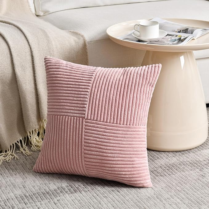 Fancy Homi Blush Pink Decorative Throw Pillow Covers 16x16 Inch for Living Room Couch Bed, Rustic Farmhouse Boho Home Decor, Soft Corss Patchwork Corduroy Textured Square Cushion Case 40x40 cm