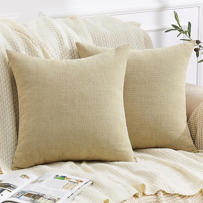 GAWAMAY Decorative Chenille Throw Pillow Covers 24x24 Inch Pack of 2, Soft Square Couch Pillow Cover for Sofa Cushion Living Room Bedroom Solid Dyed Pillowcases Khaki 60x60cm (ONLY Covers)
