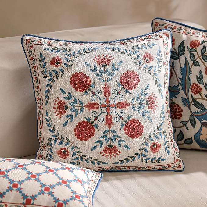 patdrea Designer French Vintage Linen Throw Pillow Cover,18"x18"-Puno A | Elegant Decorative Pillow Case with Zipper,Elegant Floral Pattern,Pillow Cover for Couch Living Room Bedroom Sofa