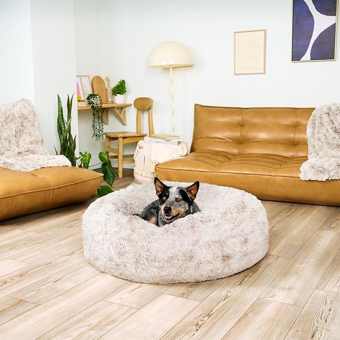 Furhaven 36" Round Calming Donut Dog Bed for Large/Medium Dogs, Refillable w/Removable Washable Cover, for Dogs Up to 75 lbs - Shaggy Plush Long Faux Fur Donut Bed - Driftwood Brown, Large